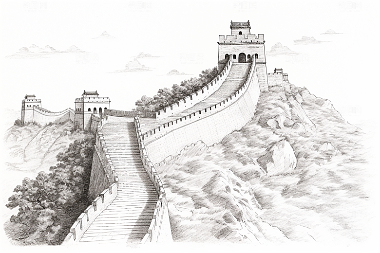 素描长城线条风景艺术插画
