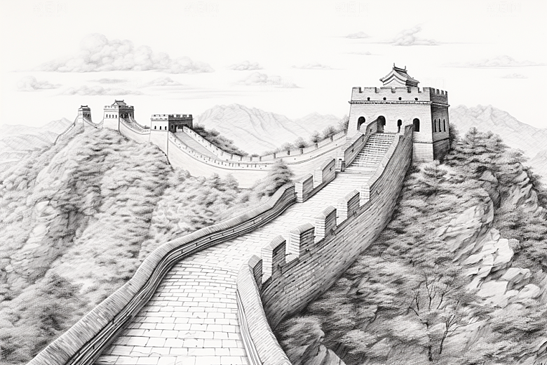 素描长城高清风景艺术插画