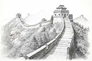 素描长城中式风光艺术插画
