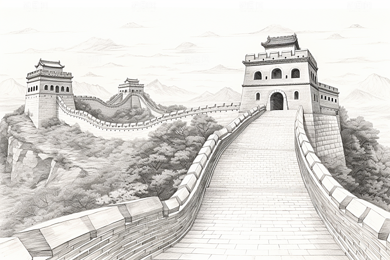 素描长城风景线条艺术插画