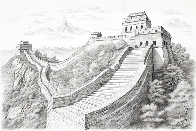 素描长城风景风光艺术插画