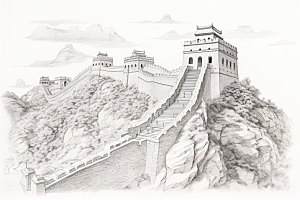 素描长城线条中国风艺术插画