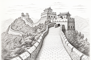素描长城中式风光艺术插画