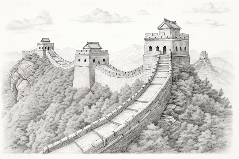 素描长城传统风光艺术插画