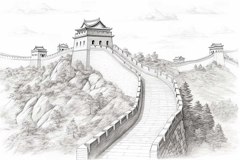 素描长城钢笔画中国风艺术插画