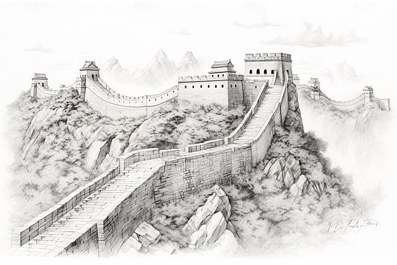 素描长城高清线条艺术插画