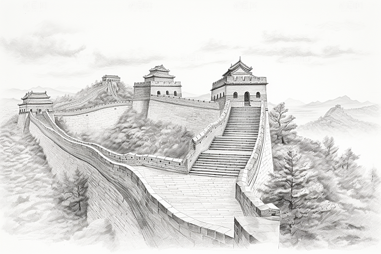 素描长城线条八达岭艺术插画