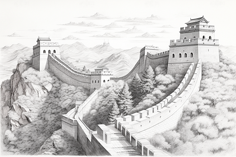 素描长城壮阔钢笔画艺术插画