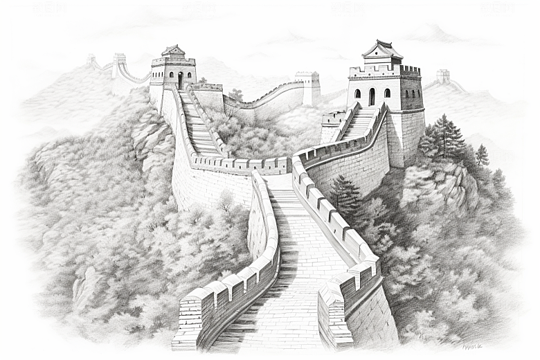 素描长城钢笔画黑白艺术插画