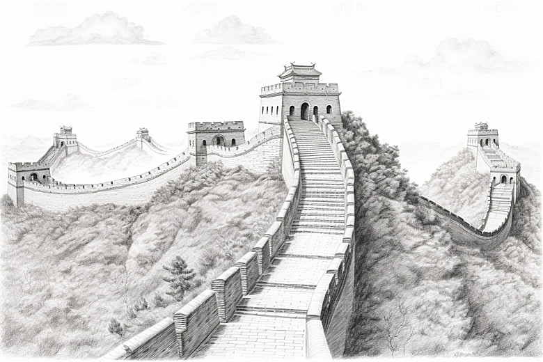 素描长城风光钢笔画艺术插画