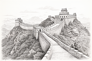 素描长城传统钢笔画艺术插画