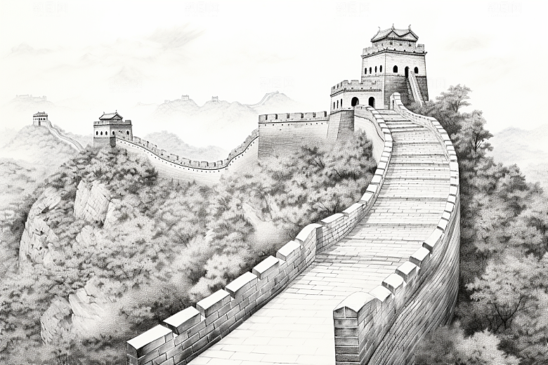 素描长城黑白壮阔艺术插画