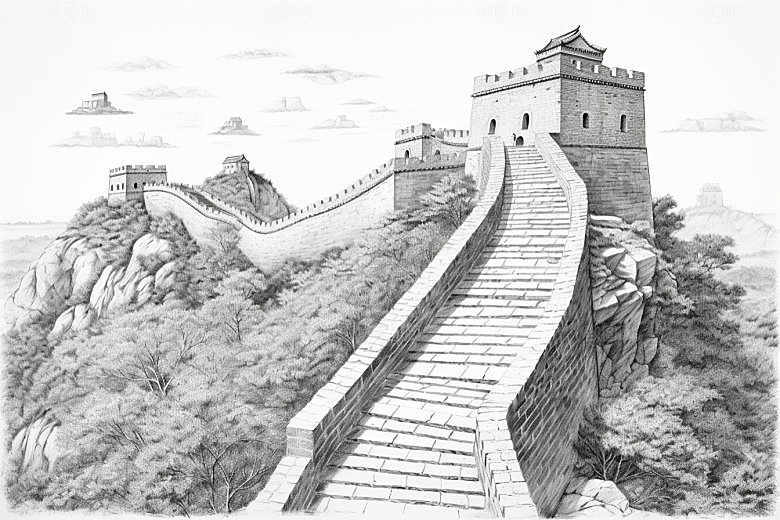 素描长城中国风中式艺术插画