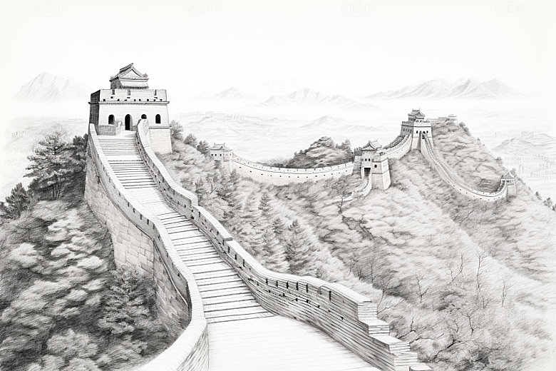 素描长城风景中式艺术插画