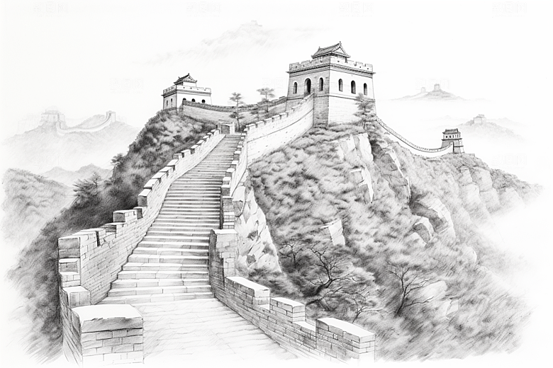 素描长城线条壮阔艺术插画