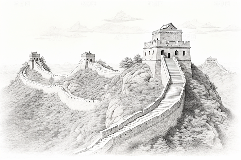 素描长城风光传统艺术插画