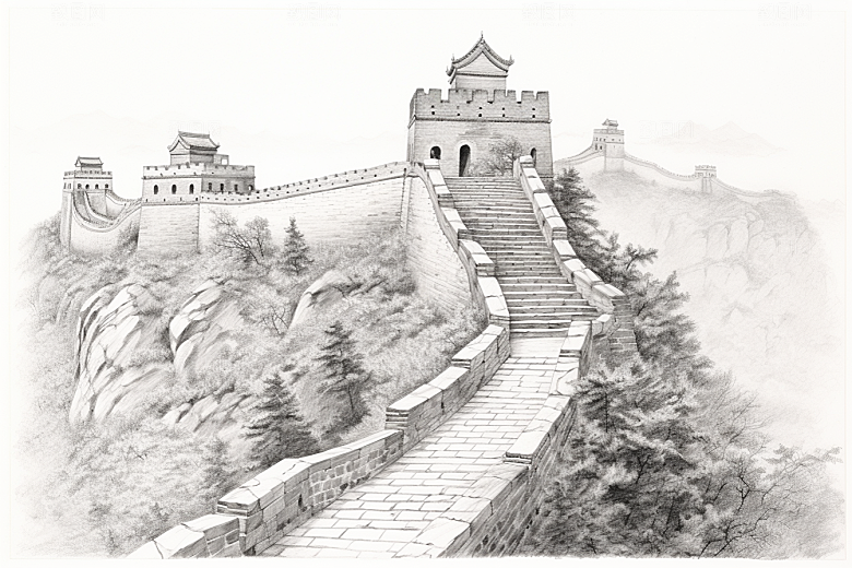 素描长城壮阔钢笔画艺术插画