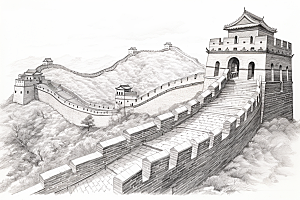 素描长城中国风黑白艺术插画