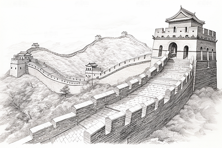 素描长城中国风黑白艺术插画