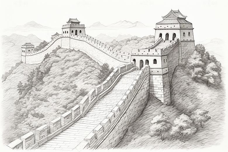 素描长城八达岭中式艺术插画
