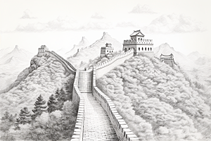 素描长城中式黑白艺术插画