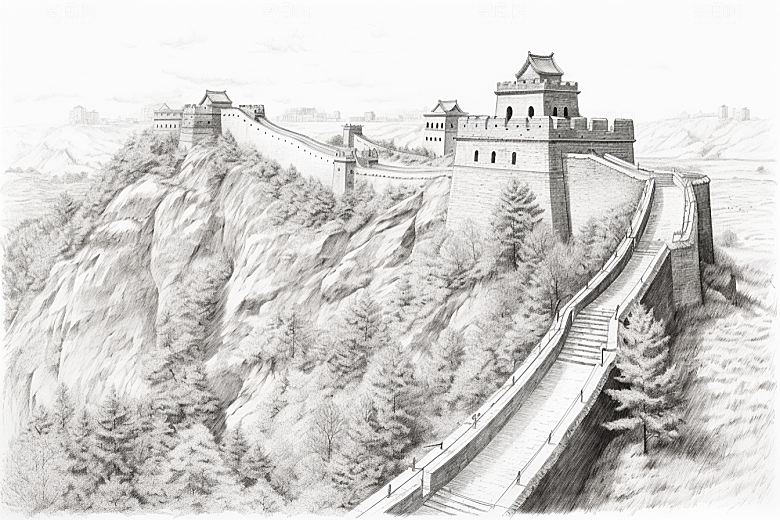 素描长城中式高清艺术插画