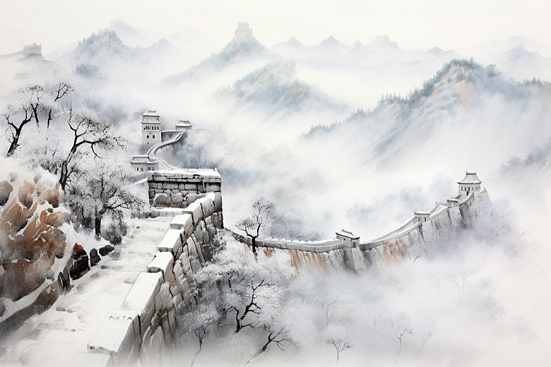 素描长城中式中国风艺术插画