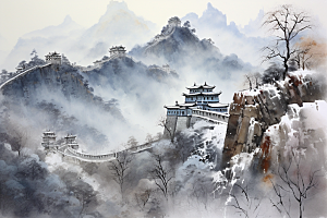 素描长城中国风钢笔画艺术插画