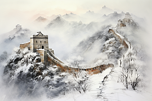 素描长城中式风景艺术插画