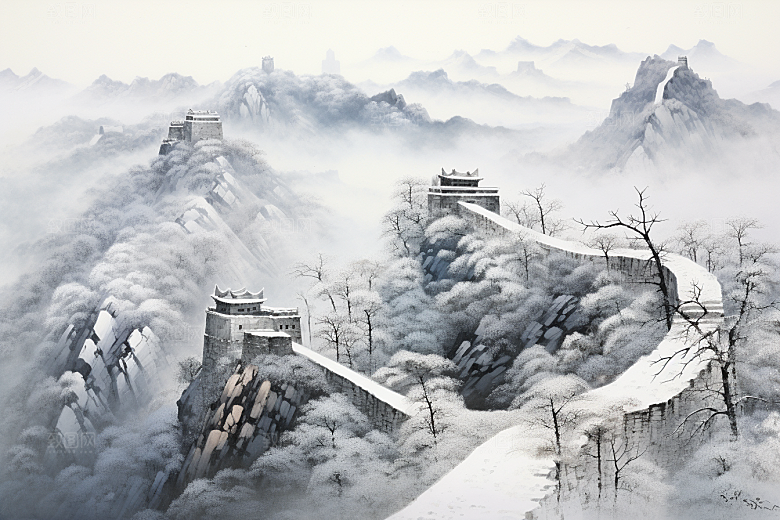 素描长城钢笔画黑白艺术插画