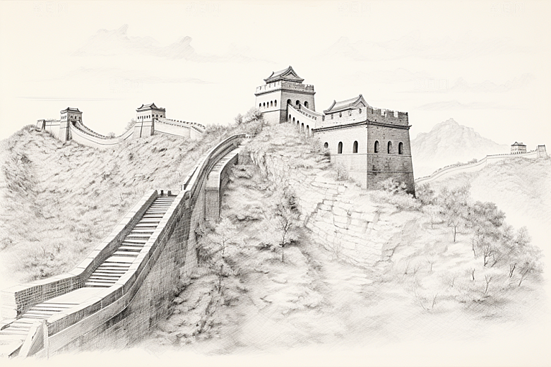 素描长城八达岭景点艺术插画