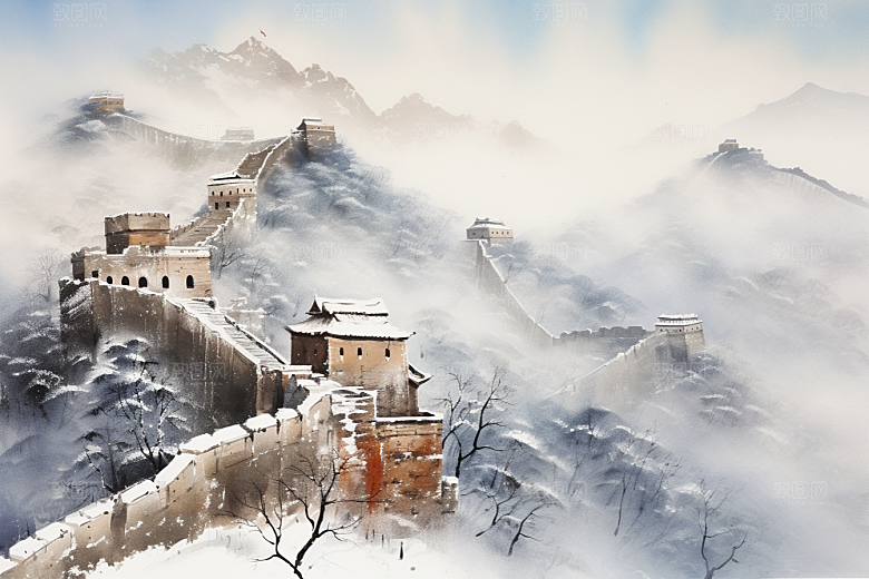 素描长城线条中式艺术插画
