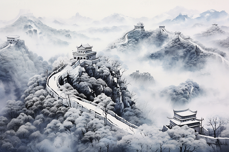 素描长城线条壮阔艺术插画