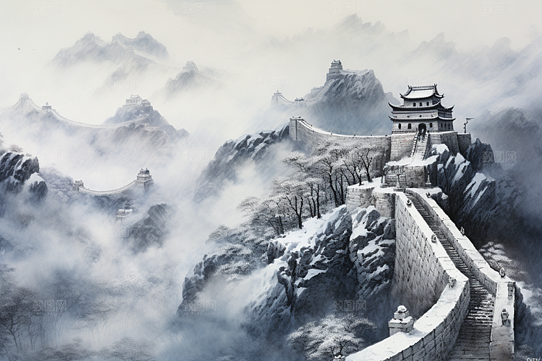 素描长城线条风景艺术插画