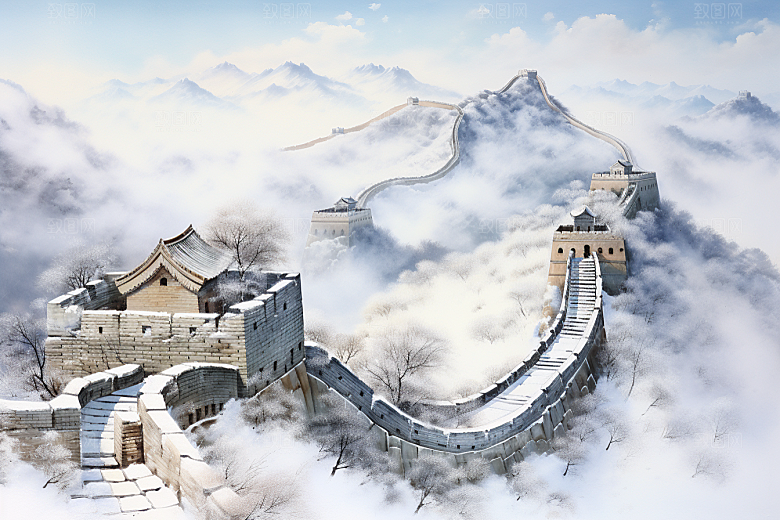 素描长城中式钢笔画艺术插画