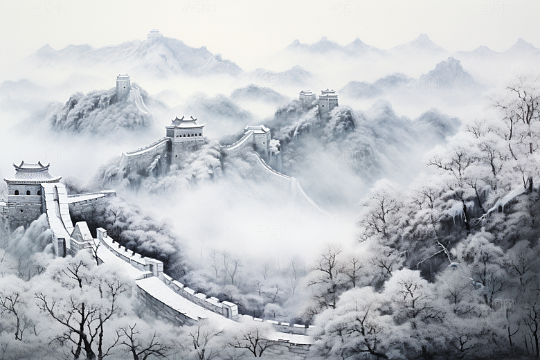 素描长城线条中式艺术插画