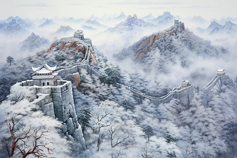 素描长城八达岭传统艺术插画