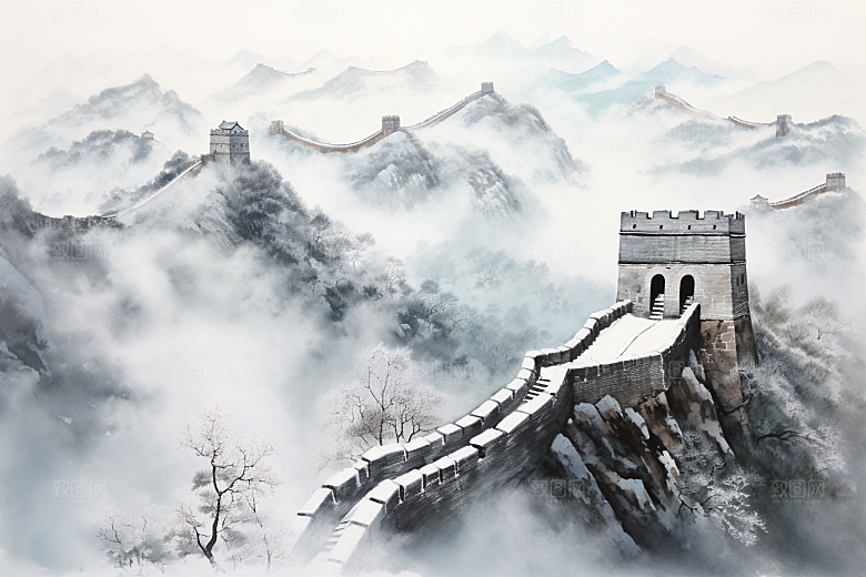 素描长城壮阔中国风艺术插画