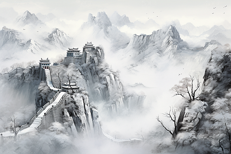 素描长城中式风景艺术插画