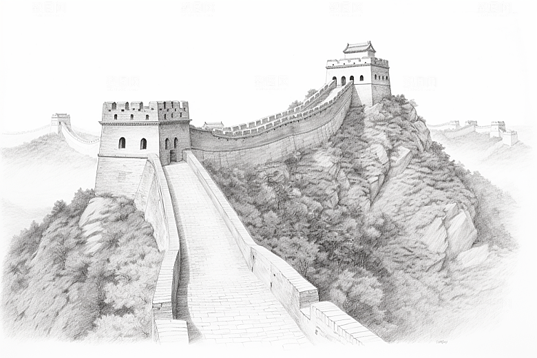 素描长城壮阔线条艺术插画