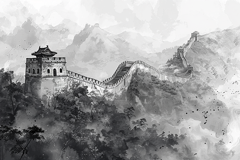 素描长城壮阔中式艺术插画