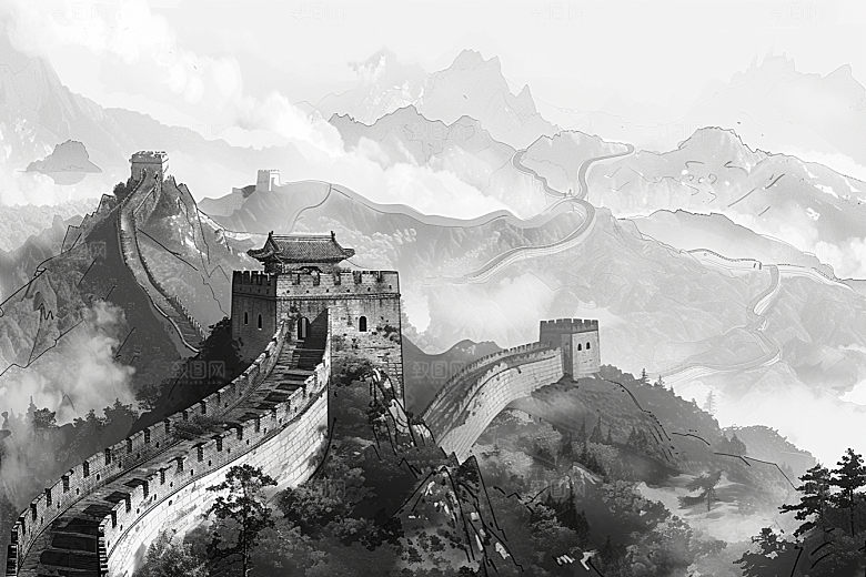 素描长城高清八达岭艺术插画