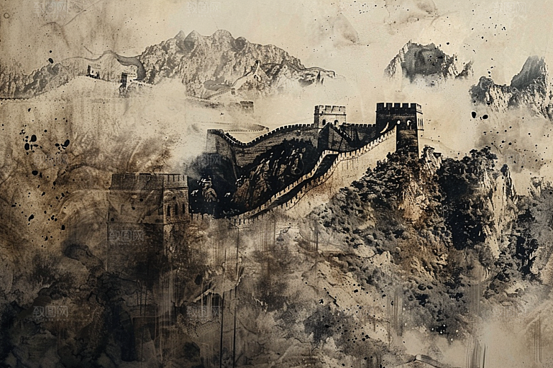 素描长城中式黑白艺术插画