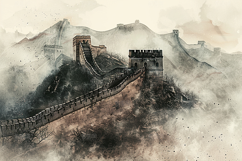 素描长城线条中国风艺术插画