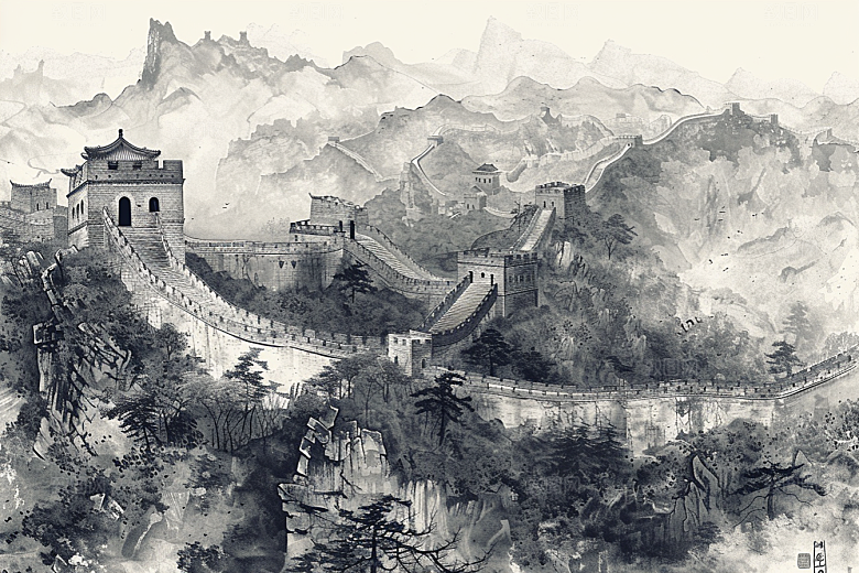 素描长城八达岭传统艺术插画