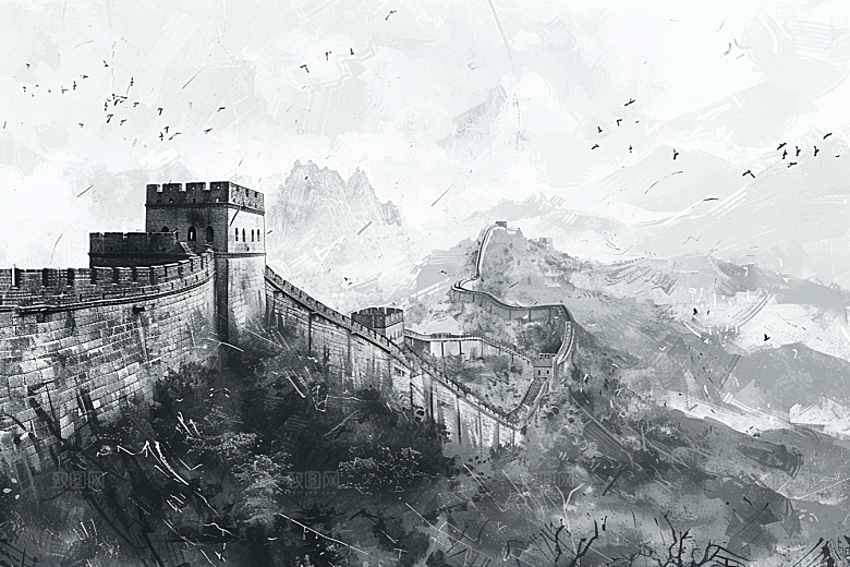 素描长城风光壮阔艺术插画