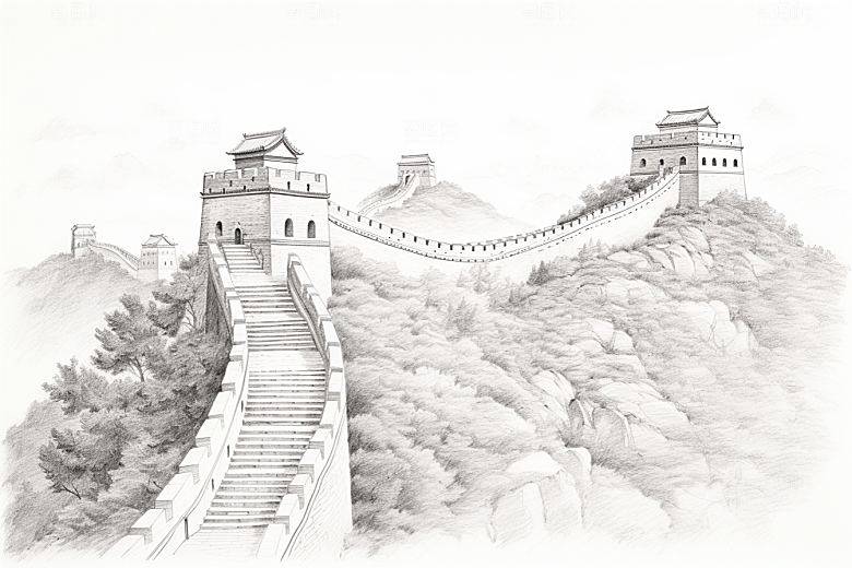 素描长城壮阔景点艺术插画
