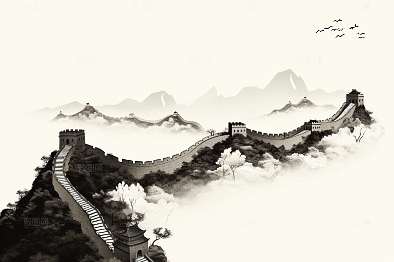 素描长城传统钢笔画艺术插画