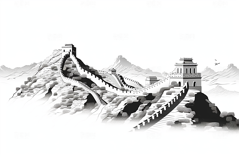 素描长城高清风景艺术插画