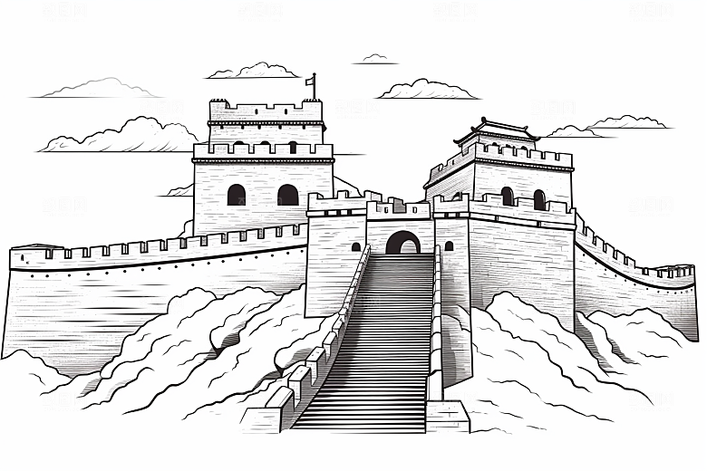 素描长城壮阔中式艺术插画